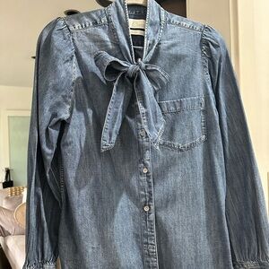 Denim Button-Up Shirt with Bow Tie